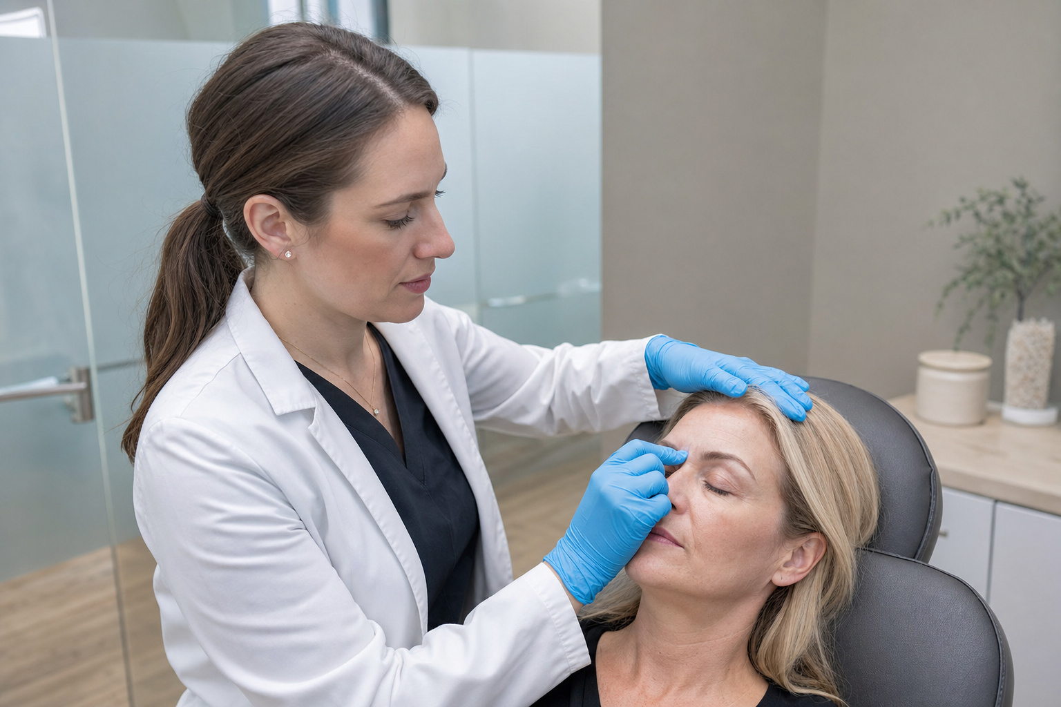 Nurse injector assessing a relaxed female client's frown lines before treatment in a modern Toronto clinic