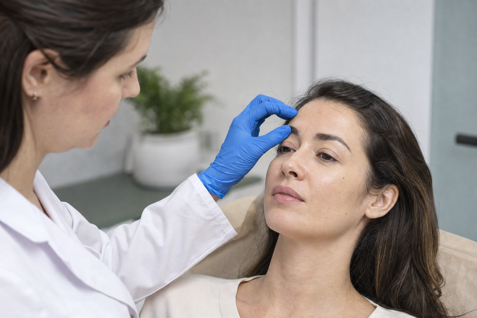 Close candid view of a nurse marking treatment points near a client's brow during a consultation
