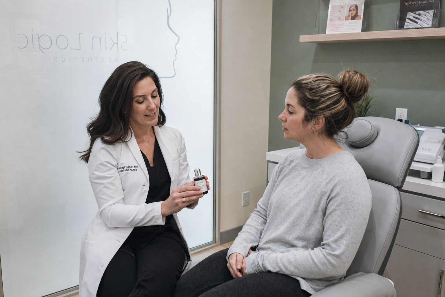 Nurse discussing peptide skincare serum with a relaxed client in a modern Toronto clinic