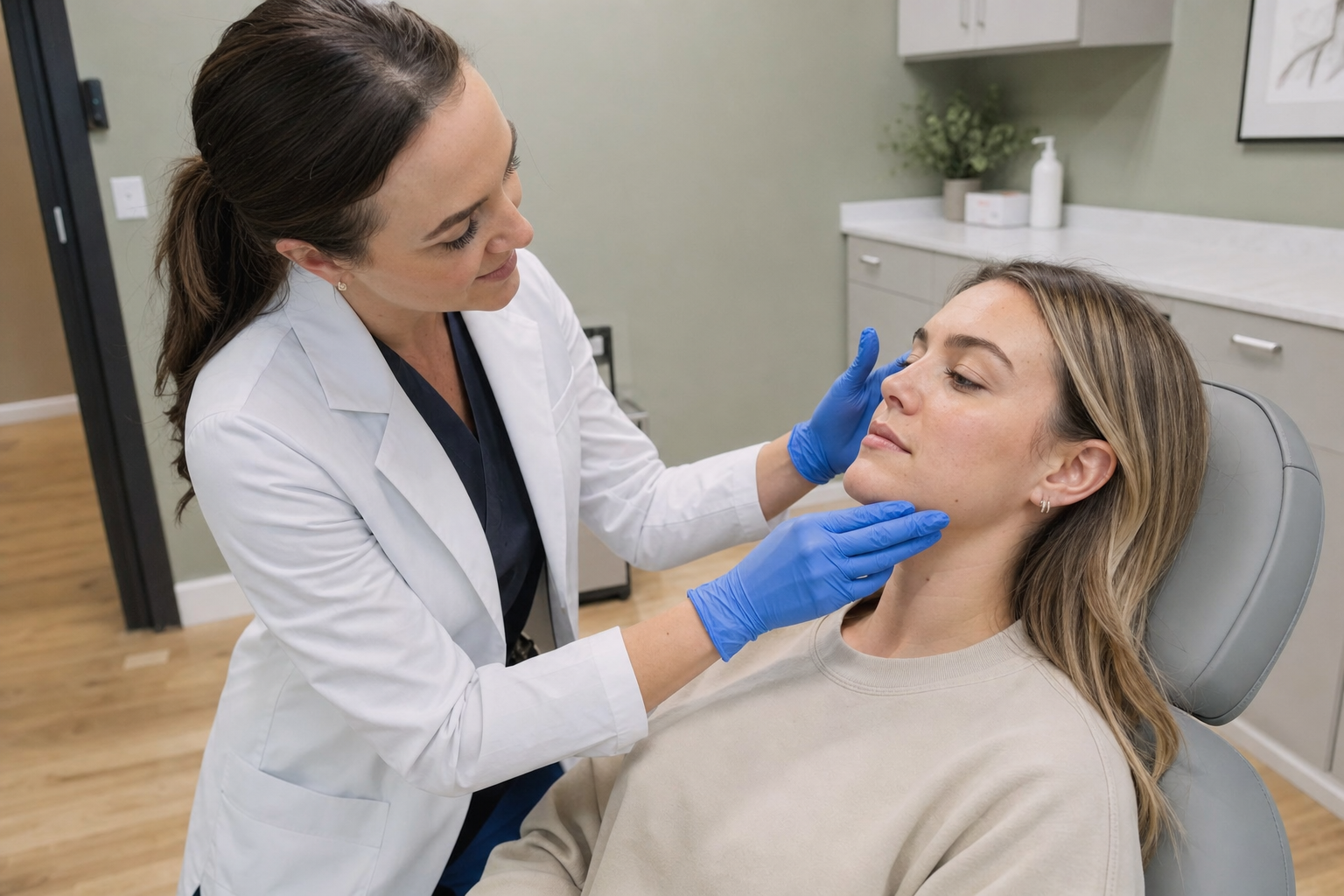 Close look at a client's face being assessed before a skincare recommendation