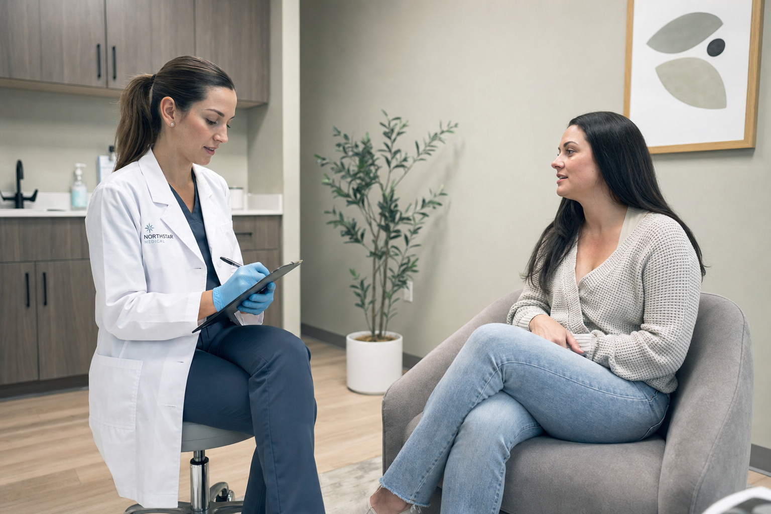 Nurse taking notes during a medical wellness consultation with a seated client