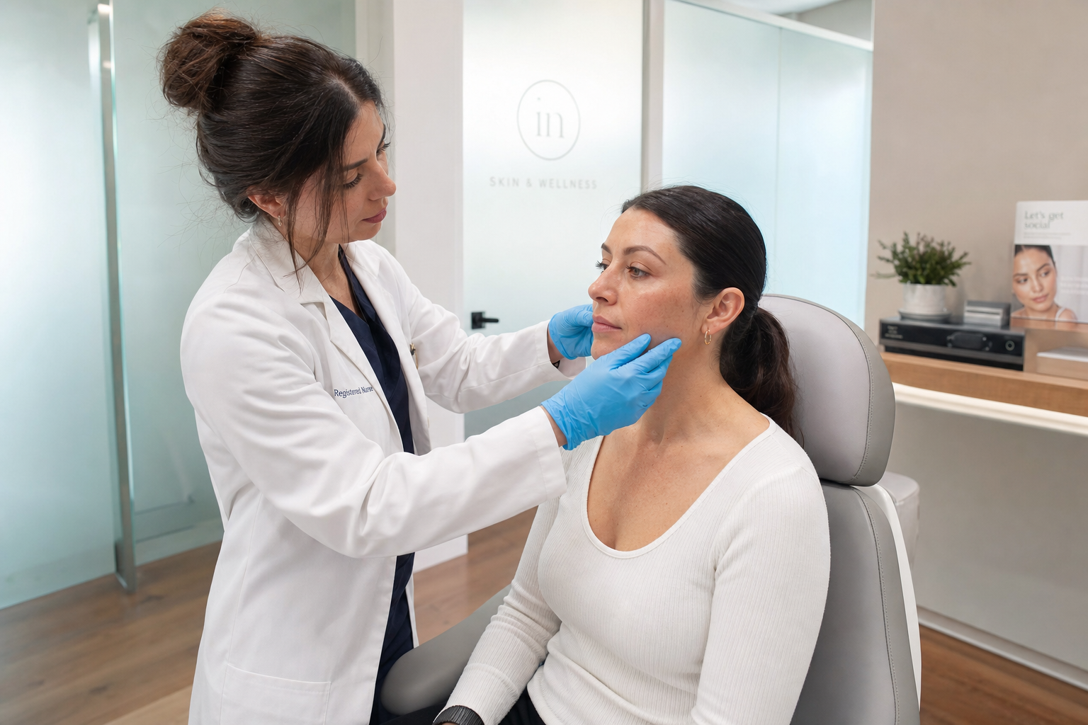 Registered nurse assessing a relaxed female client's face before a biostimulator treatment in a modern Yorkville clinic
