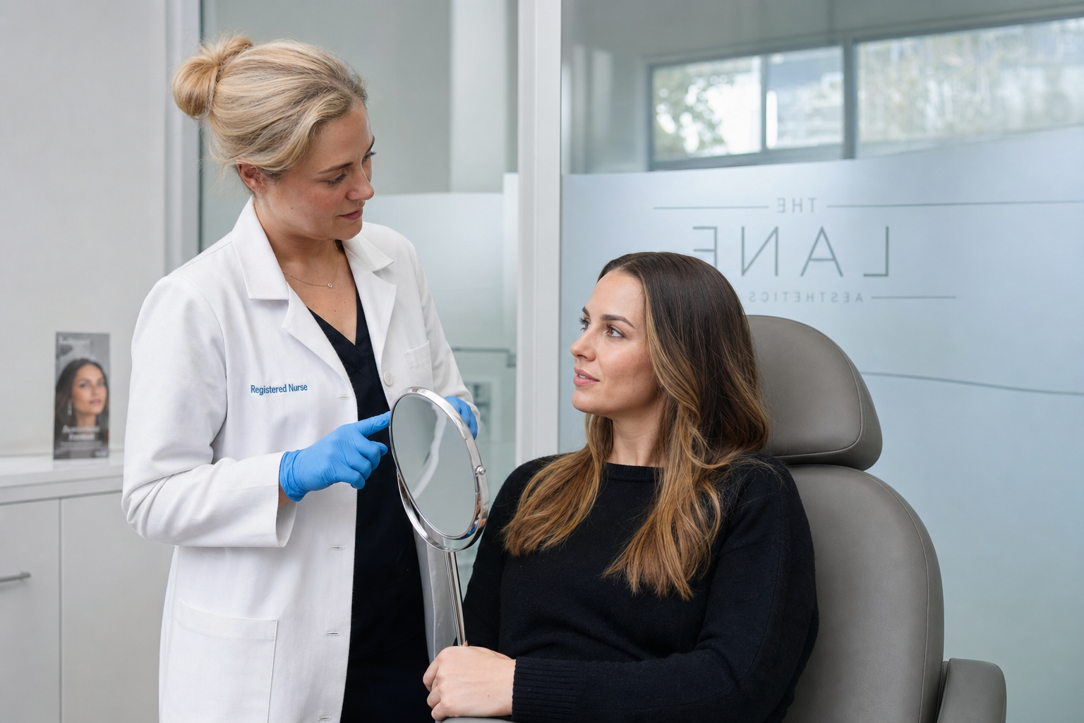 Nurse injector preparing a biostimulator treatment with client during a consultation moment