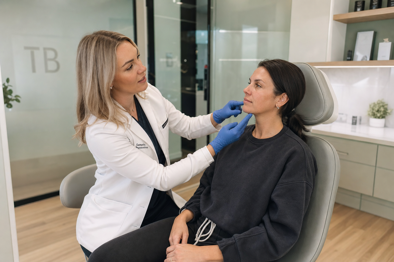 Nurse injector in white lab coat assessing a calm female client's face before treatment in a modern Yorkville clinic