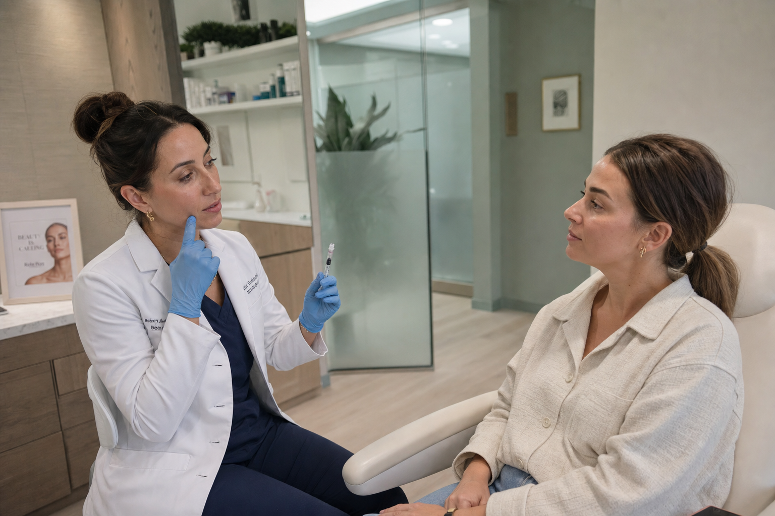 Nurse injector marking a facial assessment map while consulting with a seated client