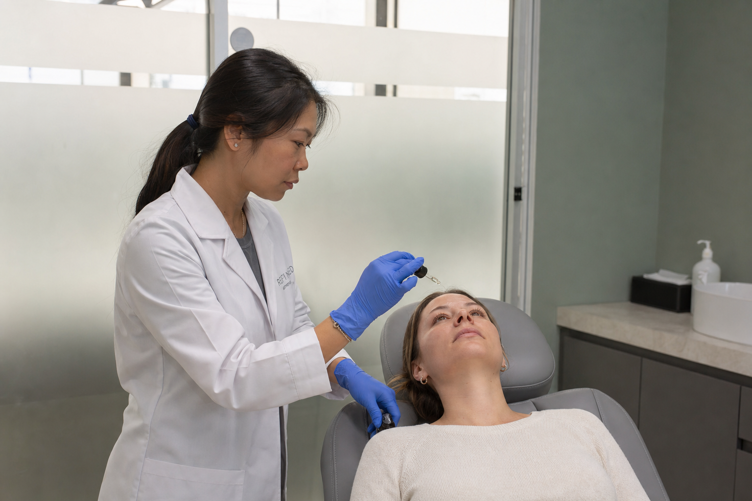 Nurse applying a skincare serum to a client's face during a pigmentation consultation