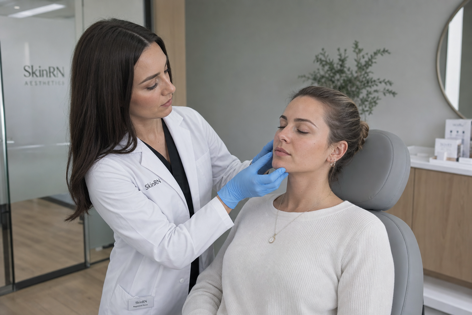 Nurse assessing a calm female client's cheeks for sun damage and redness before a photofacial
