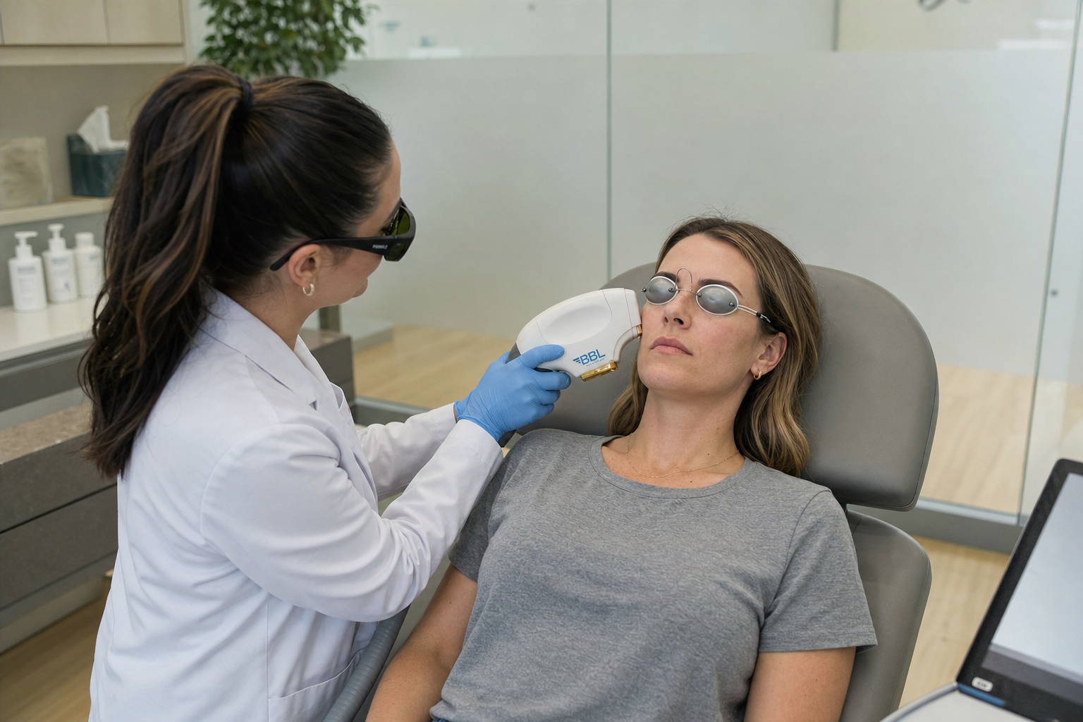 Nurse positioning an IPL handpiece near a client's face during a photofacial treatment