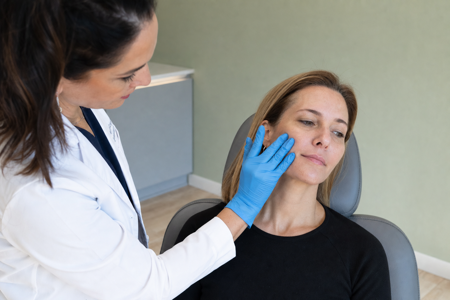 Close candid view of a nurse assessing a client's skin before recommending a routine