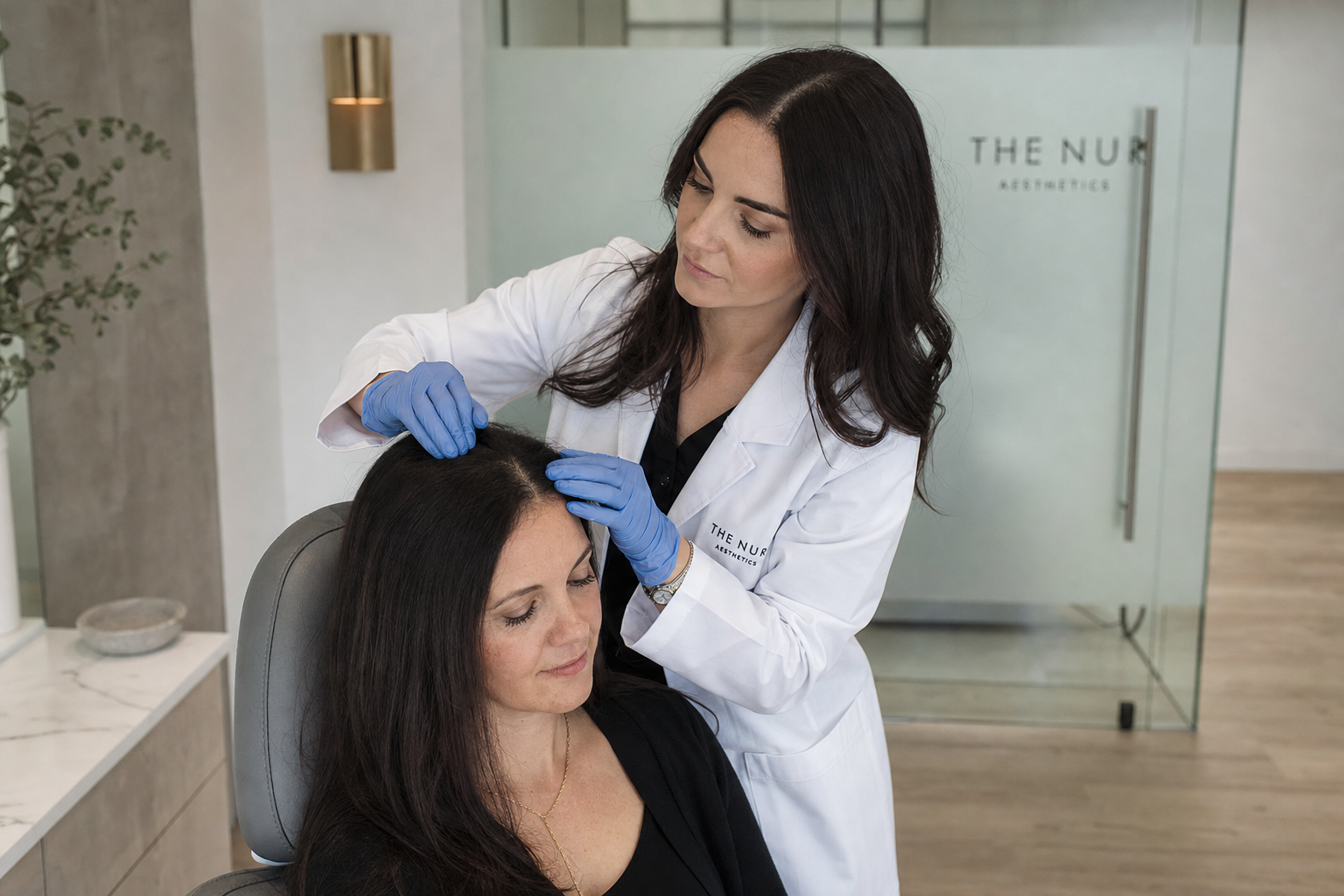 Registered nurse in white lab coat assessing a calm female client's scalp and hairline in a modern Toronto clinic
