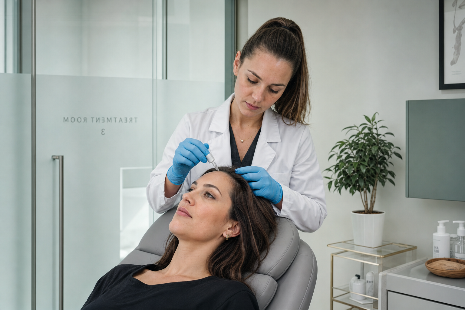 Nurse preparing a scalp microchanneling treatment for a relaxed client in a neutral-toned clinic