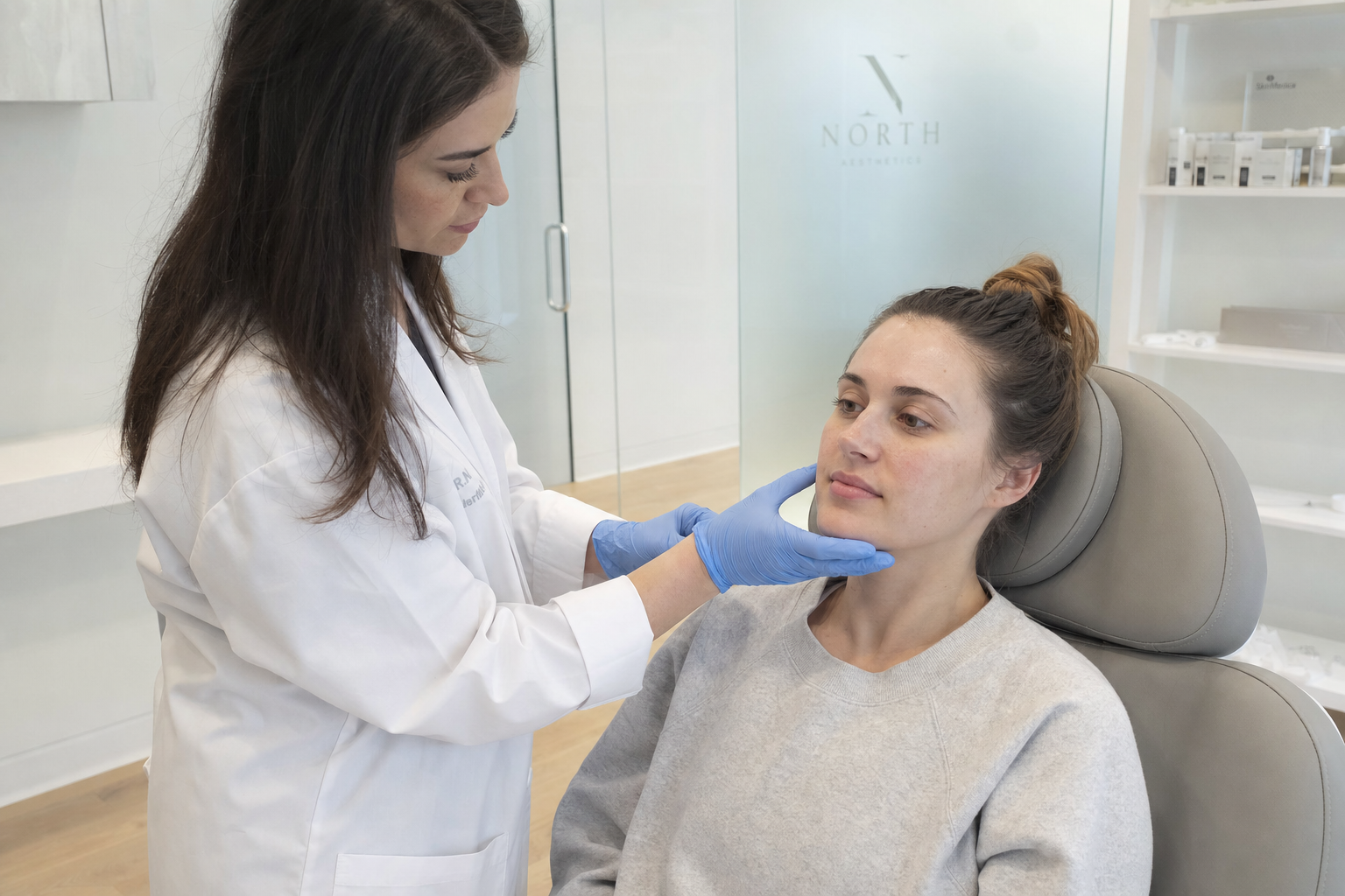 Registered nurse assessing a calm client's skin texture before a microneedling treatment in a modern Toronto clinic