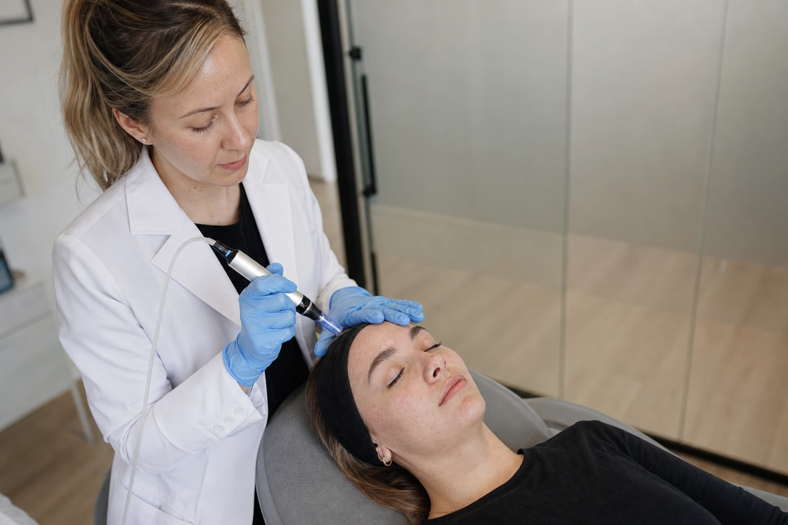 Nurse preparing a microneedling device pen while a client relaxes in a grey treatment chair
