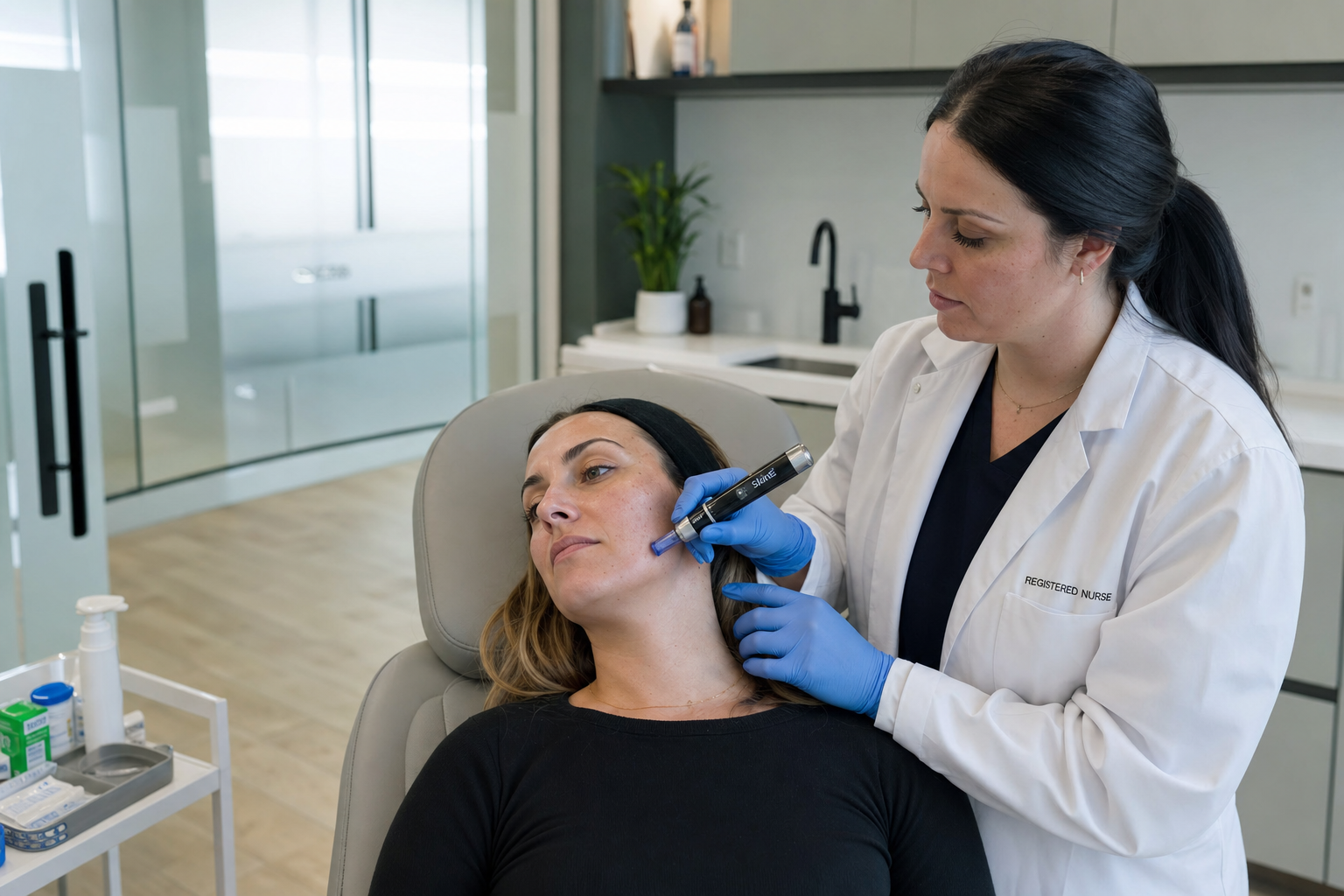 Registered nurse in white lab coat performing a microneedling treatment on a calm female client in a grey treatment chair at a Yorkville clinic