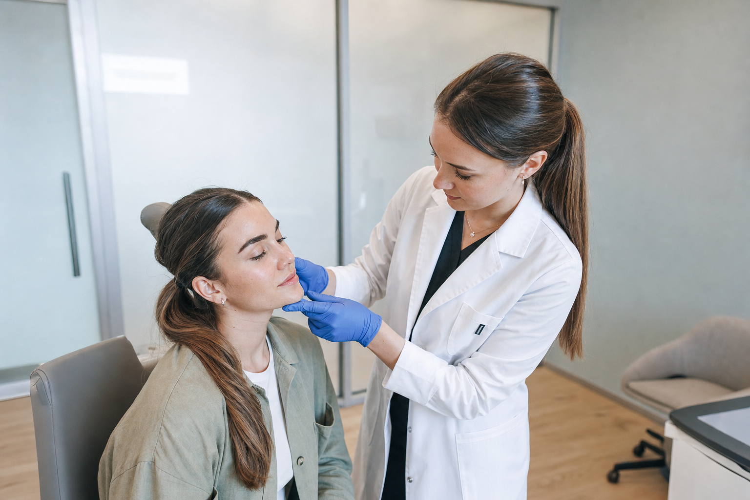 Nurse assessing a female client's skin texture before a microneedling with VAMP treatment