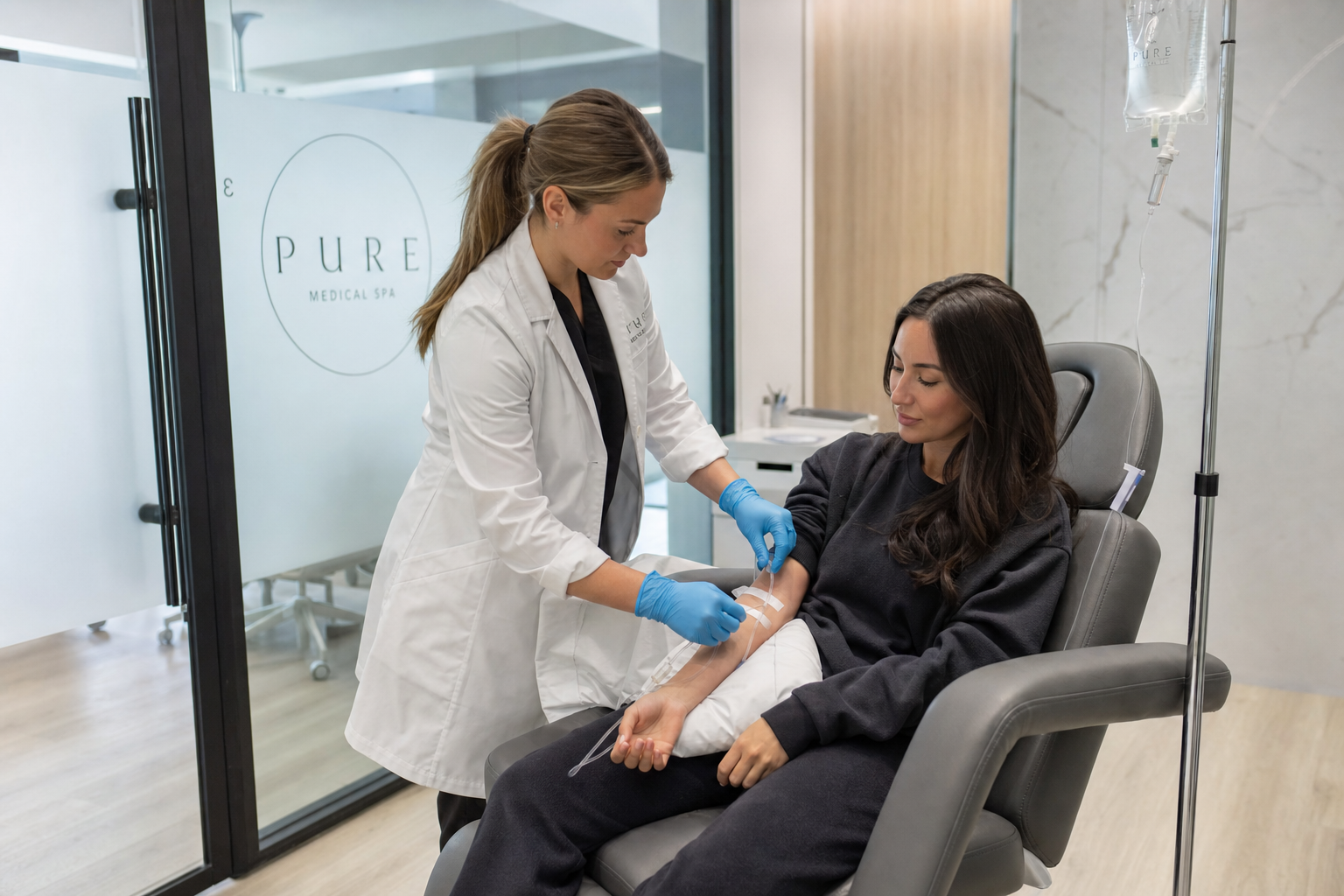 Registered nurse setting up an IV infusion for a relaxed client in a modern Toronto clinic