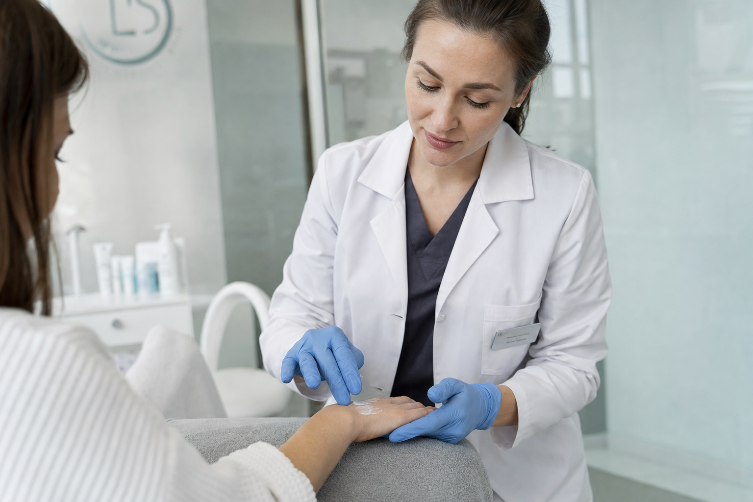 Nurse injector treating the back of a client's hand in a calm clinic setting