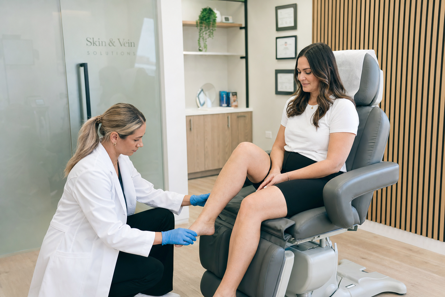 Registered nurse in white lab coat assessing a relaxed client's leg veins in a modern Toronto clinic