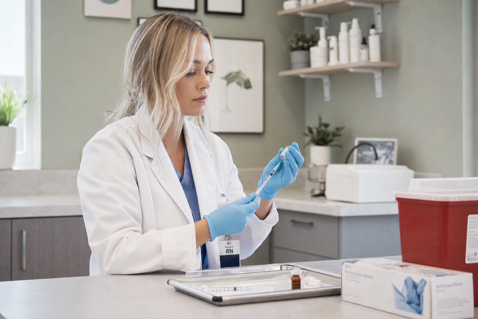 Nurse injector preparing a fine sclerotherapy syringe in a calm clinic setting