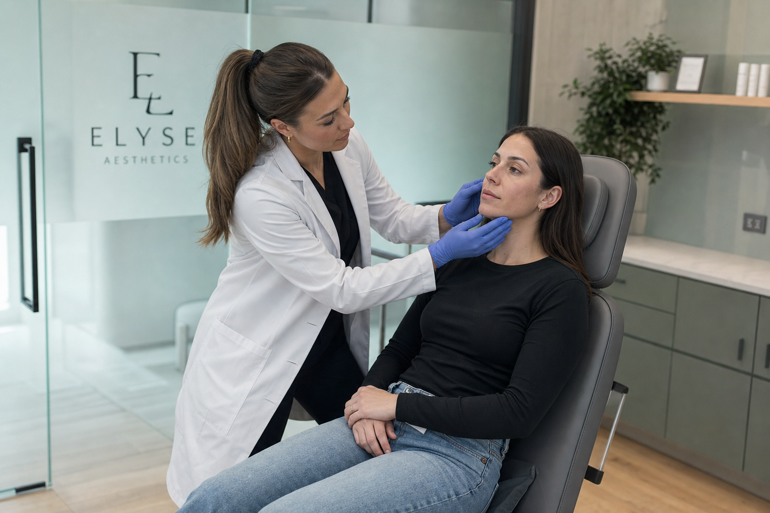 Registered nurse in white lab coat assessing a calm female client's face before a biostimulator treatment in a modern Toronto clinic