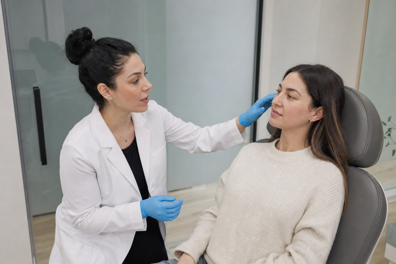 Nurse injector preparing a treatment while consulting with a seated female client in a calm neutral-toned clinic
