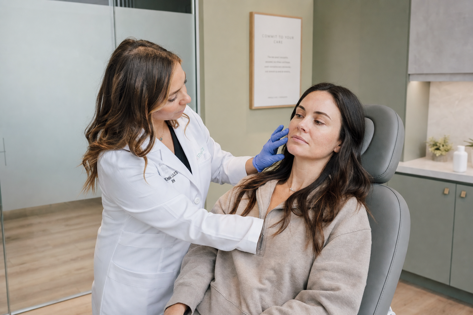 Registered nurse assessing a calm client's skin before a skin booster treatment in a minimalist Toronto clinic