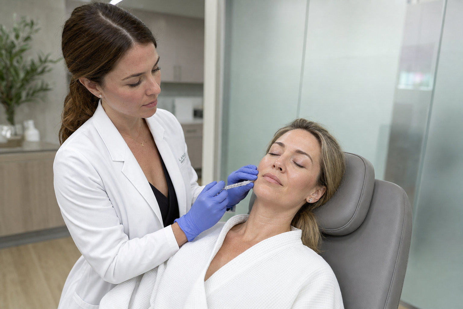 Nurse injector performing a hydrating skin booster treatment on a relaxed female client