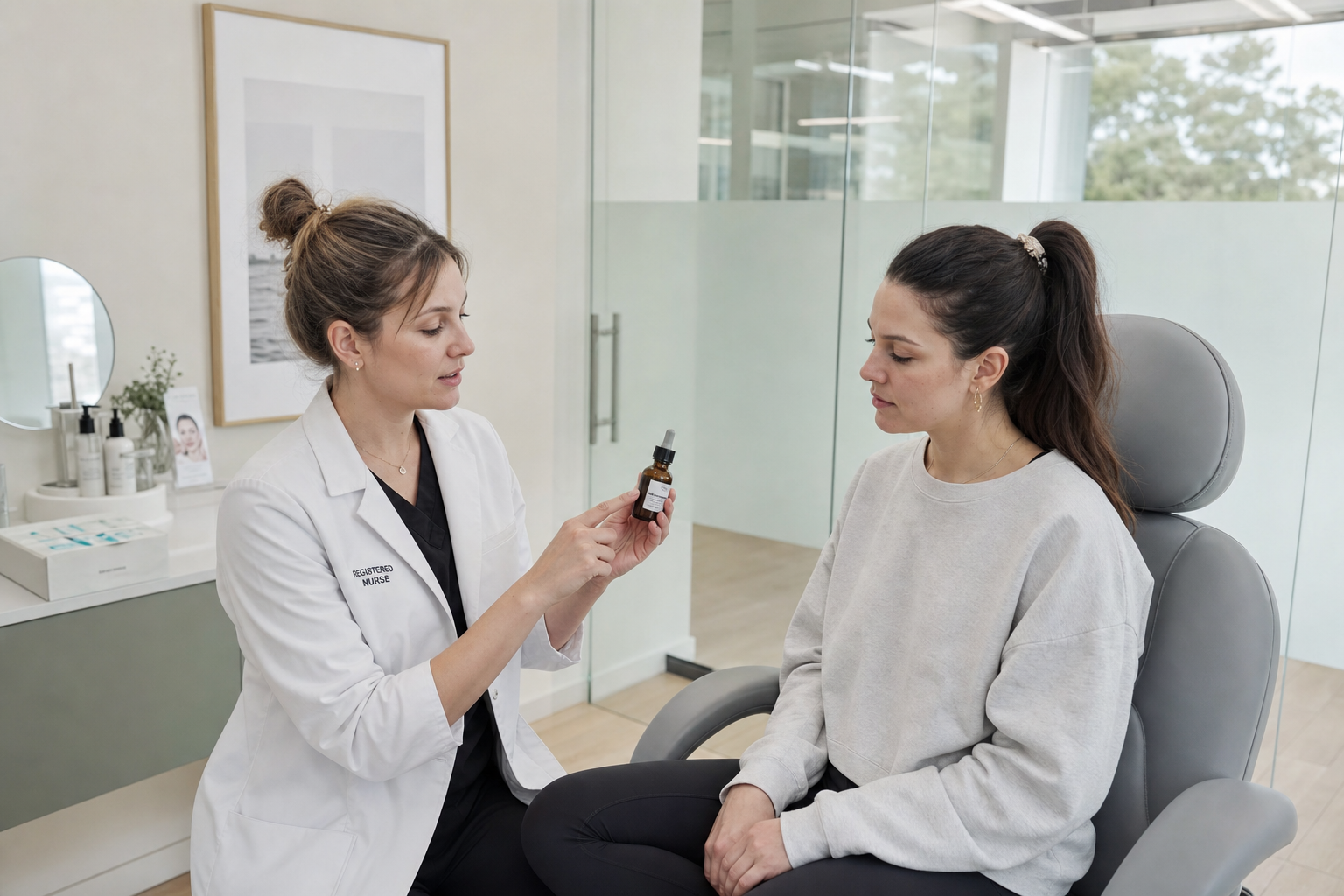 Registered nurse discussing skincare products with a relaxed female client in a modern Yorkville clinic