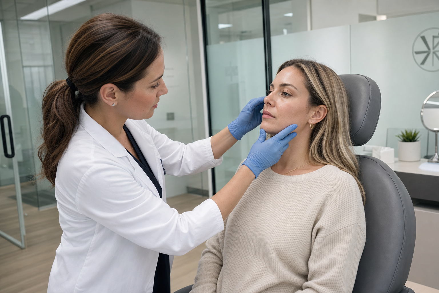 Registered nurse in white lab coat assessing a calm female client's skin before RF microneedling in a modern Yorkville clinic