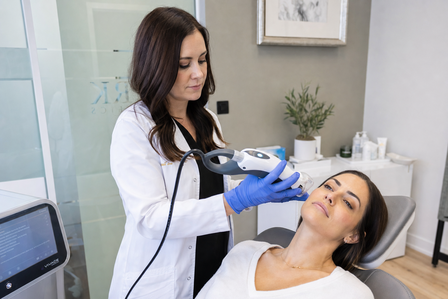 Nurse preparing a Sylfirm X RF microneedling handpiece near a relaxed client in a grey treatment chair