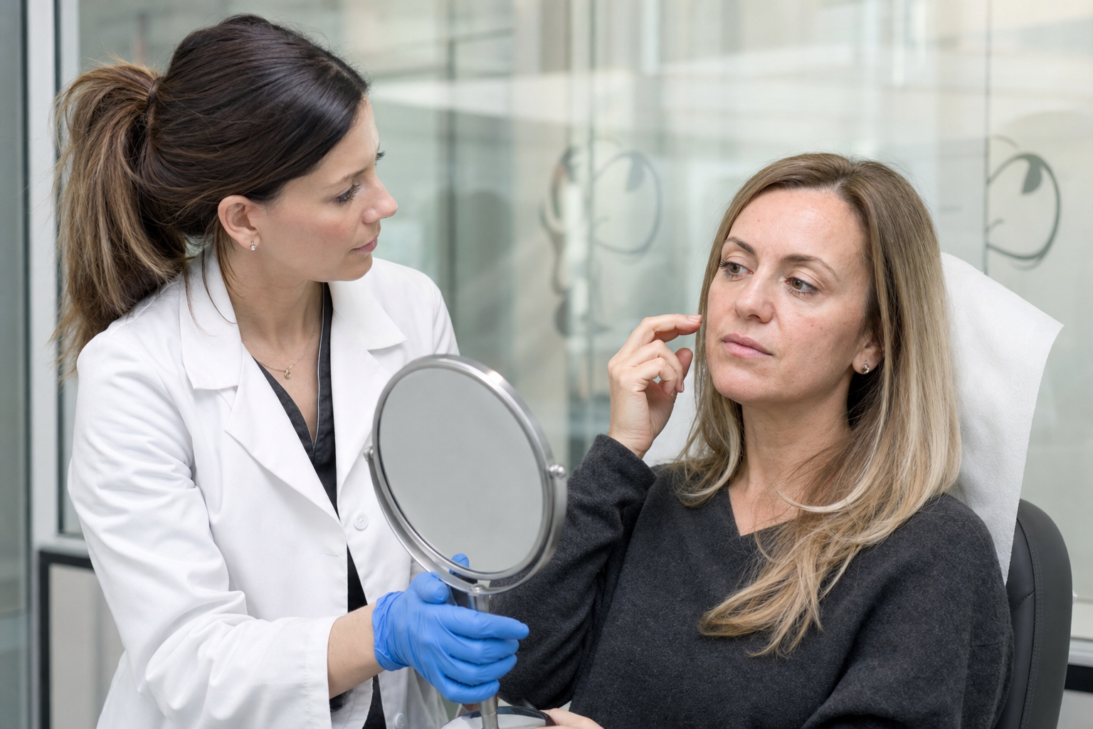 Close warm view of a nurse evaluating a client's midface and under-eye during a consultation