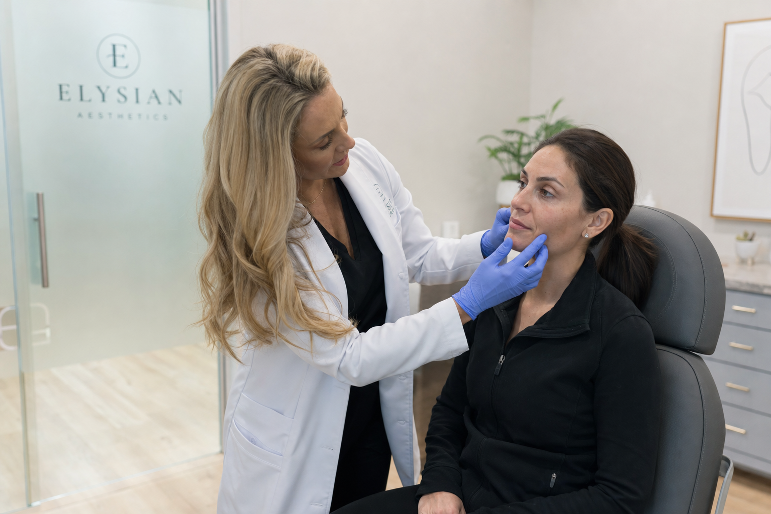 Registered nurse assessing a relaxed client's skin before scar treatment in a modern Toronto clinic