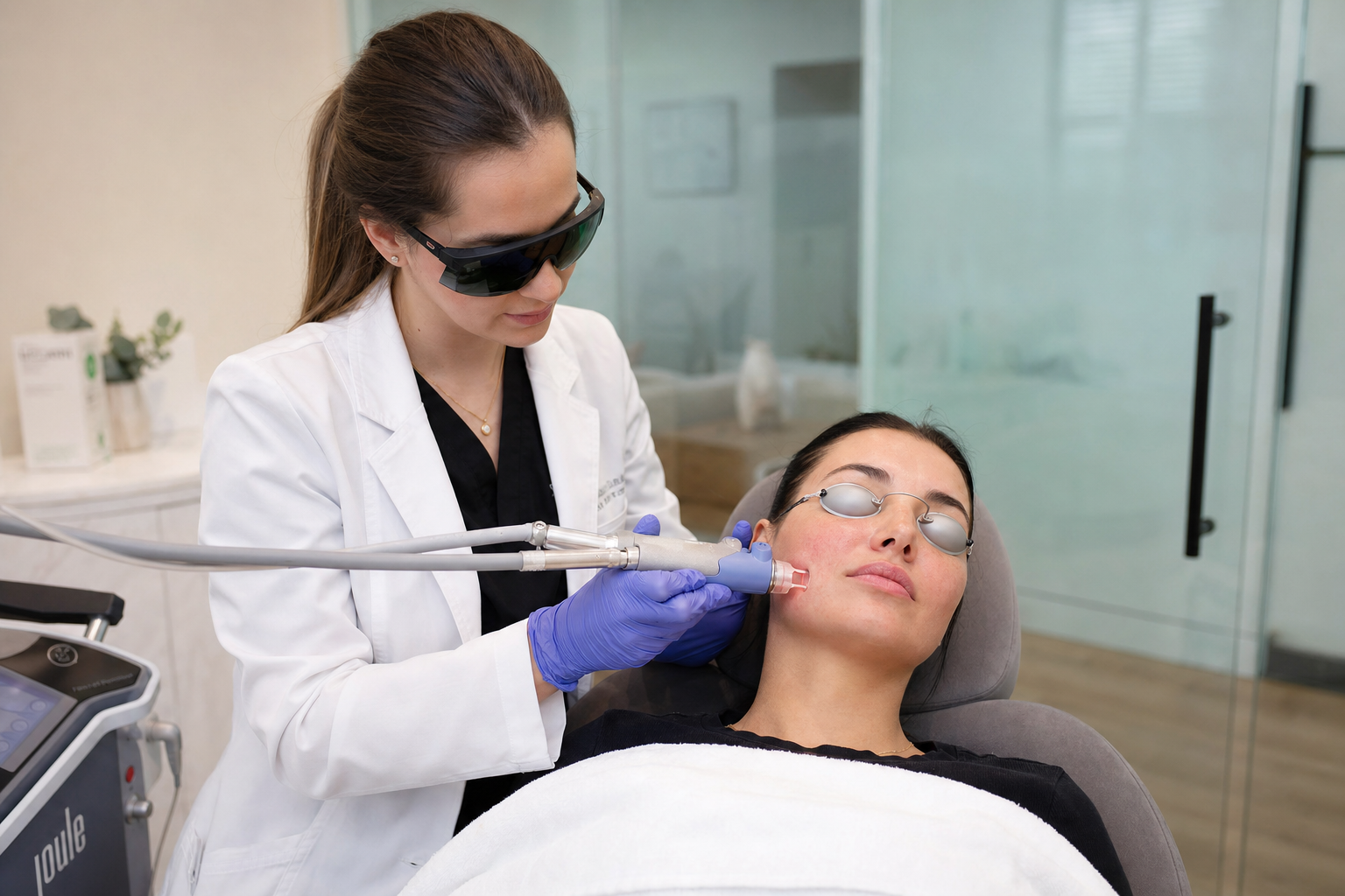 Nurse injector performing a Clear + Brilliant laser treatment on a calm female client in a modern Yorkville clinic