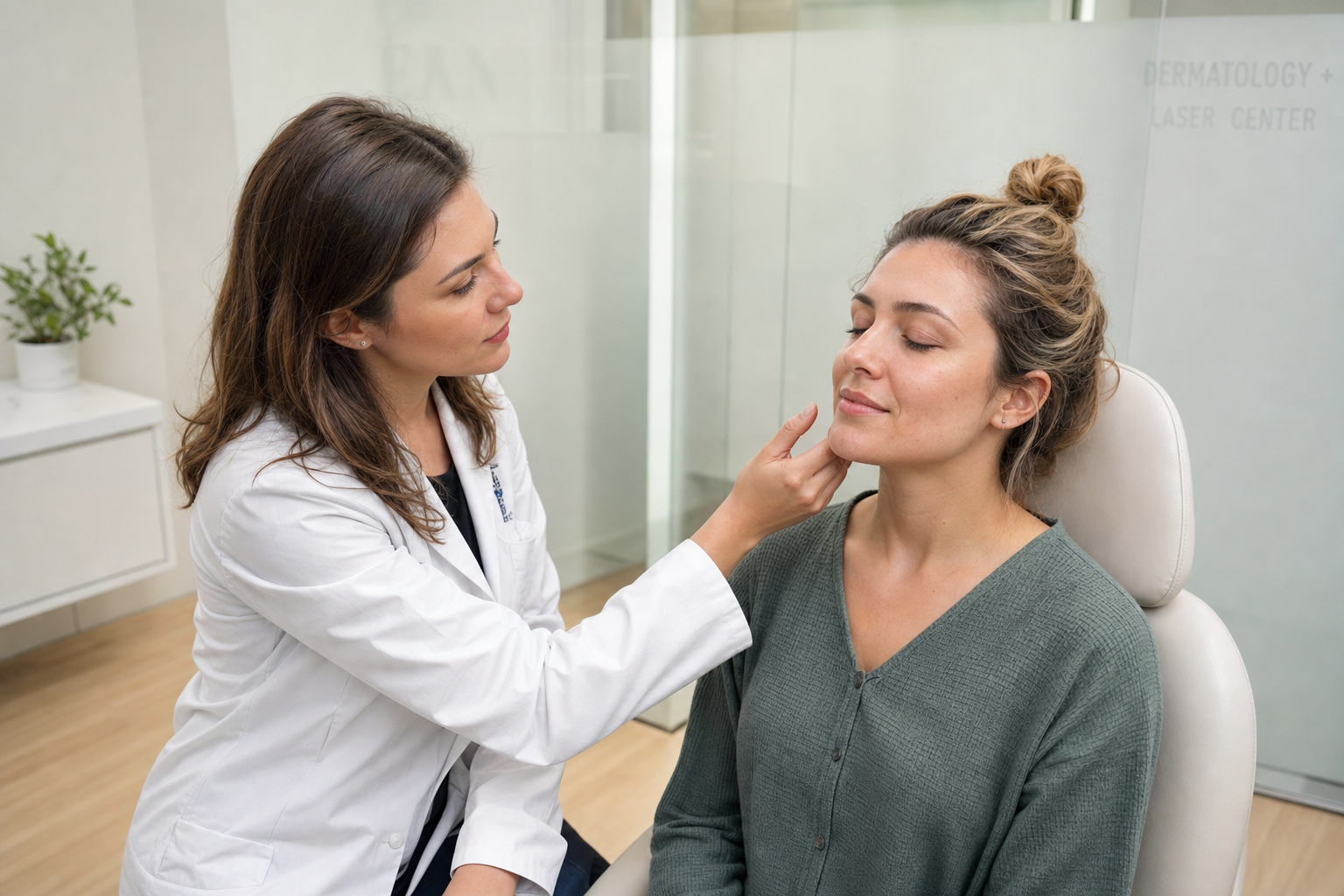 Nurse assessing a female client's skin texture before laser treatment